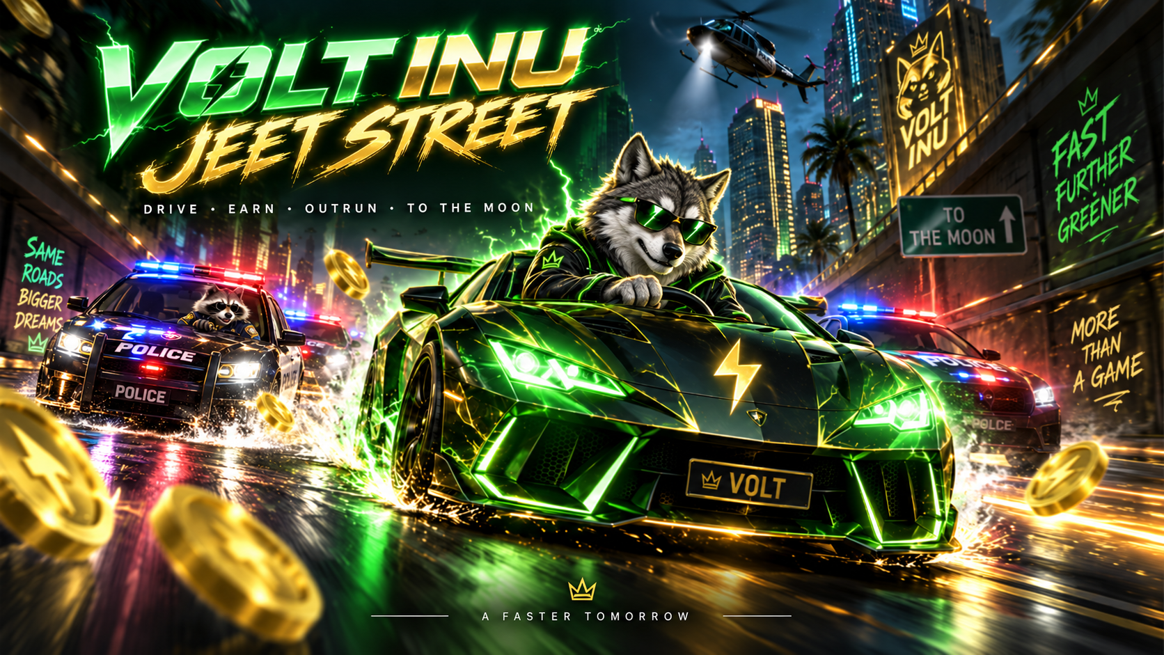 VOLT INU Jeet Street: the VOLT wolf drives a green sports car pursued by raccoon police